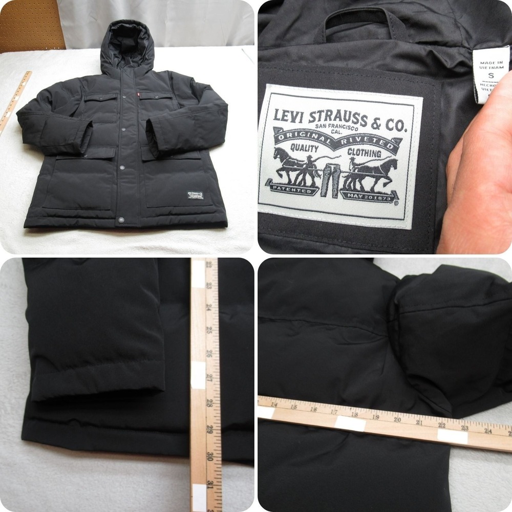 Levis Jacket Mens Small Black Insulated Hooded Snap Zip Front Puffer Warm Parka